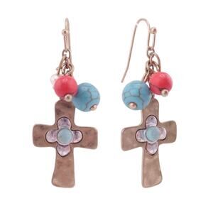 Goldtone and Silvertone Cross Turquoise & Red Coral Beads Hook Earrings NWOT